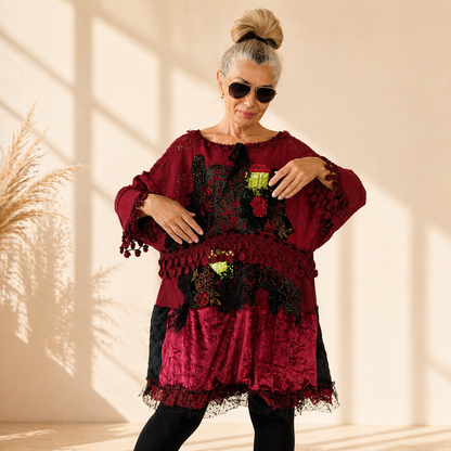 Plus Size Wine Red Sweater Dress,XL/4XL Upcycled Embroidered Knit Tunic
