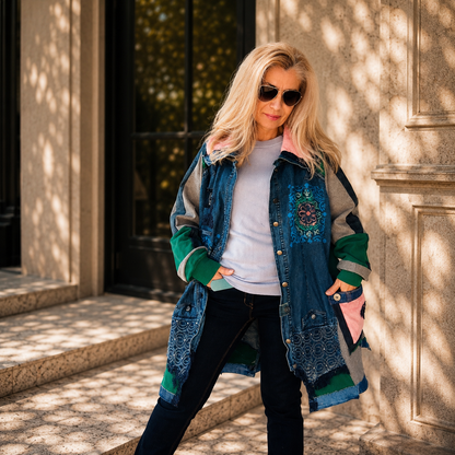 3XL Plus Size Denim Jacket – Boho Patchwork, Hand Painted Artwear
