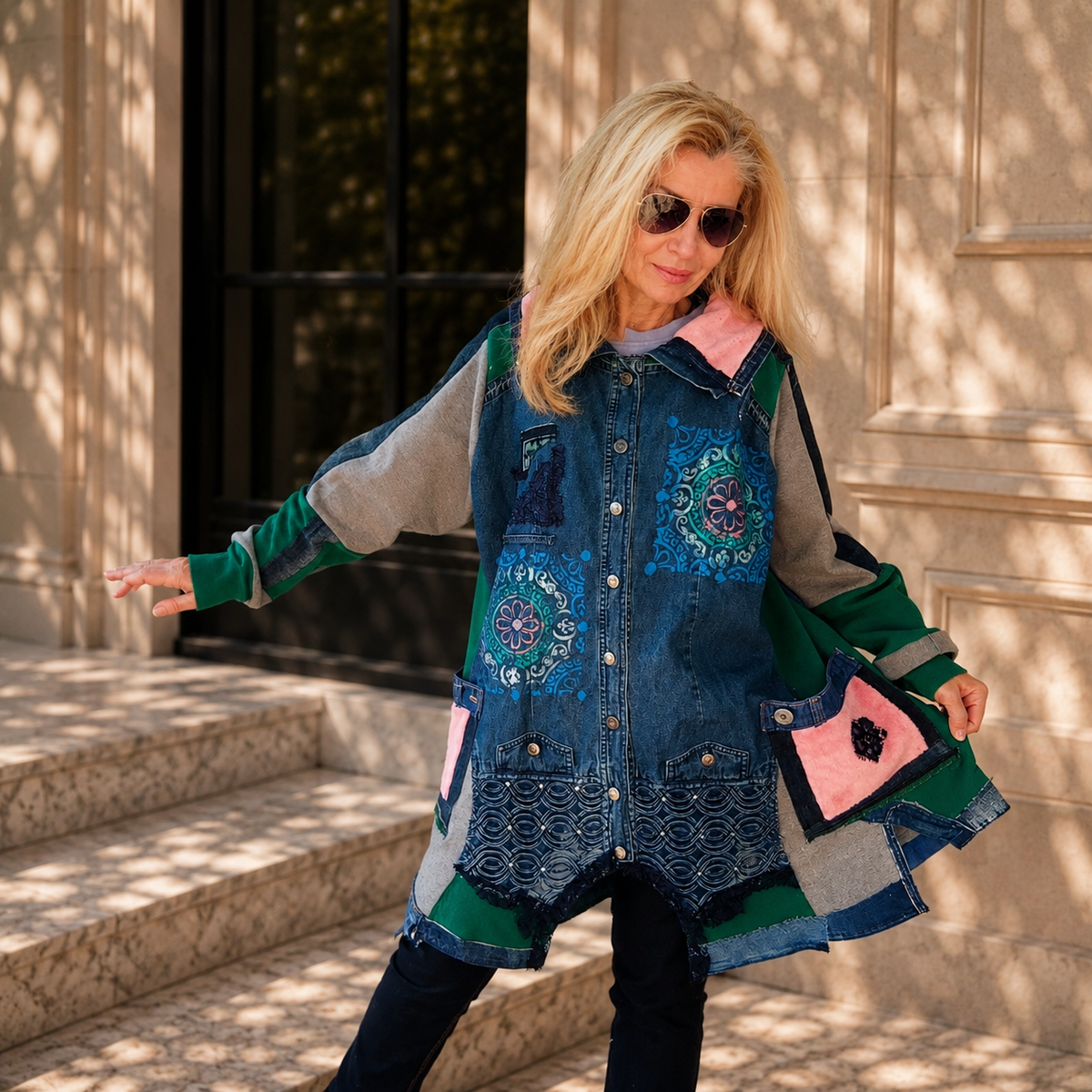 3XL Plus Size Denim Jacket – Boho Patchwork, Hand Painted Artwear