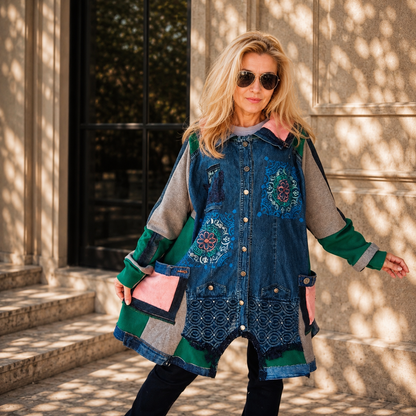 3XL Plus Size Denim Jacket – Boho Patchwork, Hand Painted Artwear