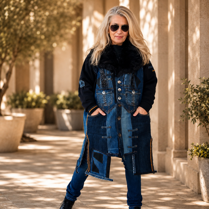 Long upcycled denim duster jacket with black lace and sequins