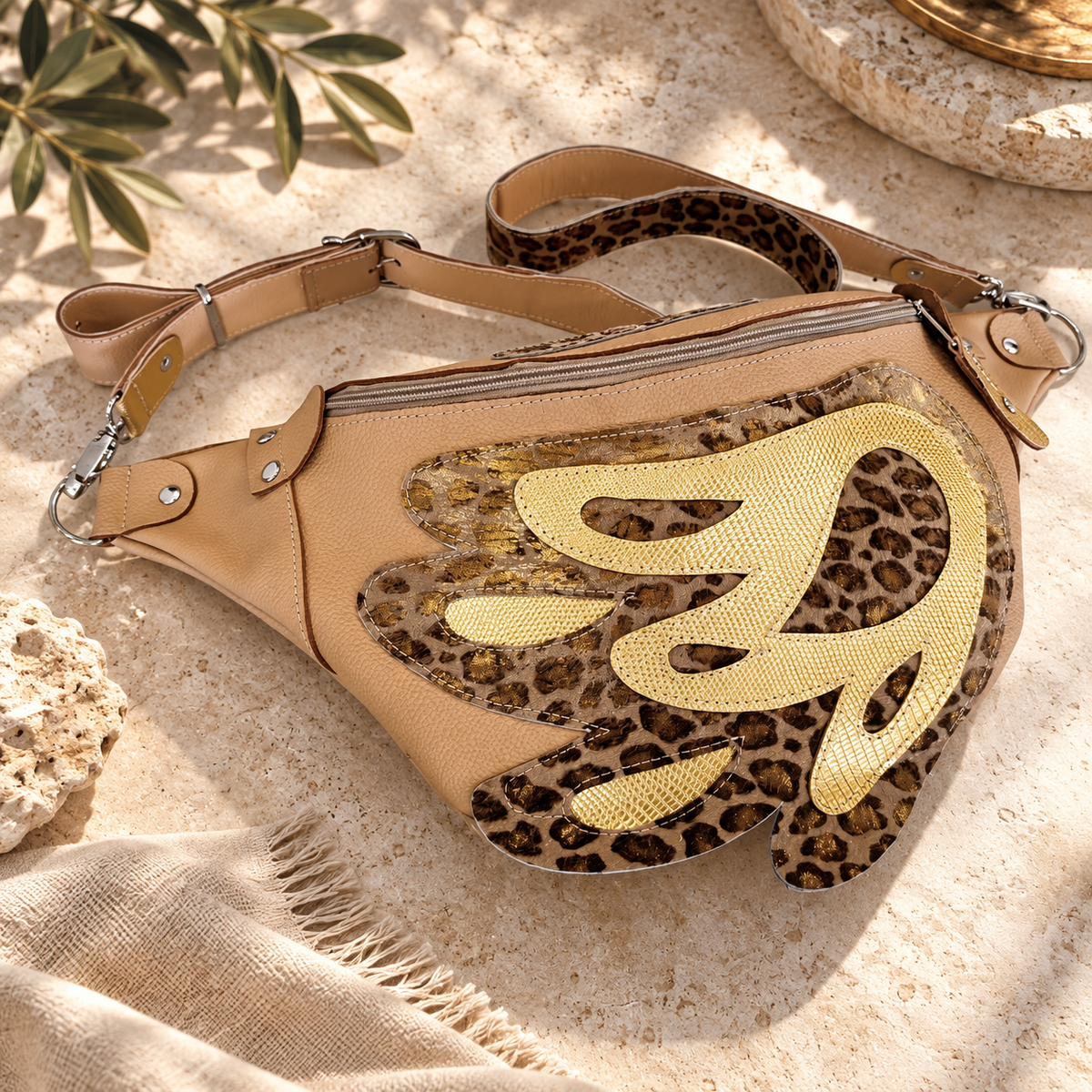 Beige Angel Wing bag with gold and leopard print hair-on leather