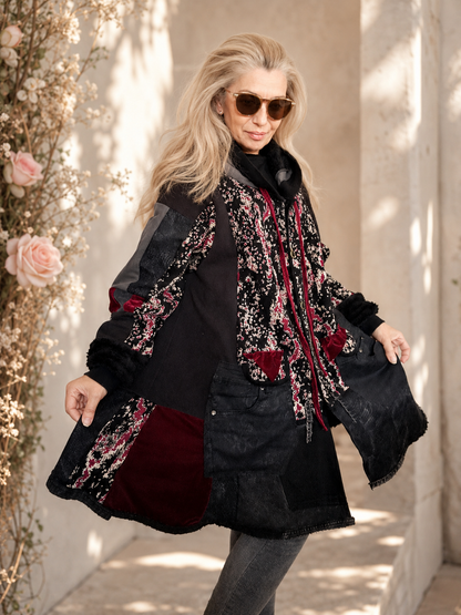3XL Plus Size Hooded Cardigan – Black & Pink Patchwork Boho Jacket