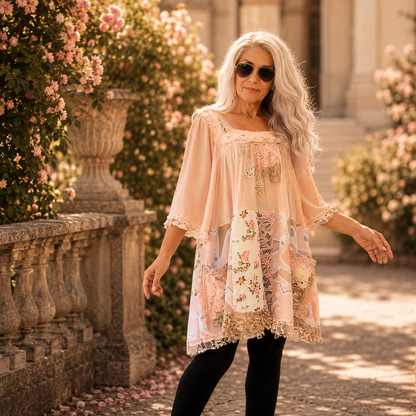 Plus size pink boho tunic dress with chiffon lace and tulle by MARTINELI
