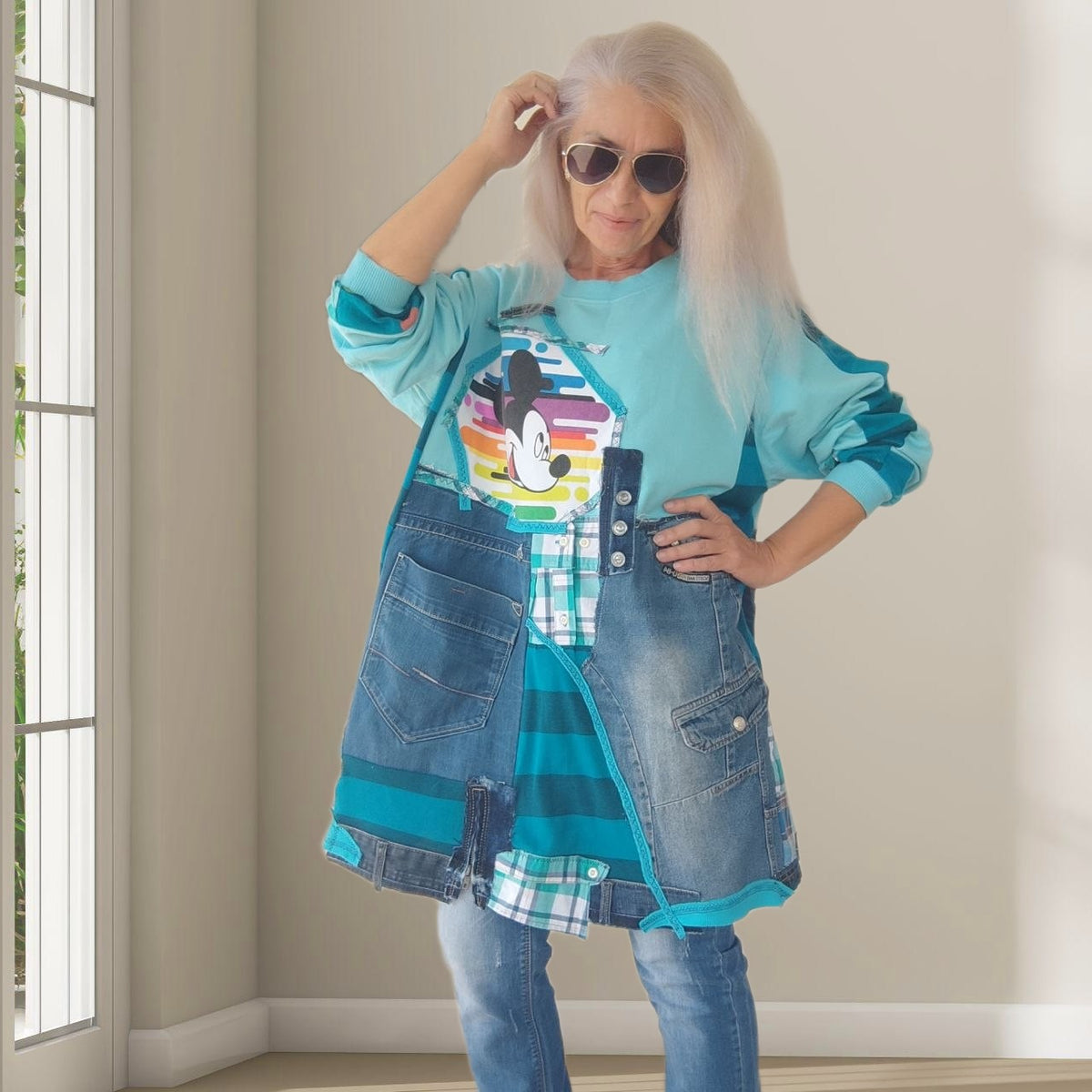 3XL Plus Size Mickey Mouse Dress – Turquoise Denim Patchwork Tunic