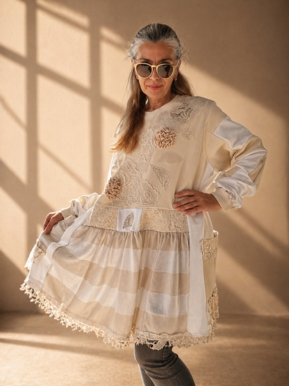 Plus Size Beige Sweatshirt Dress,5XL Boho Style Dress,Loose Cotton Dress