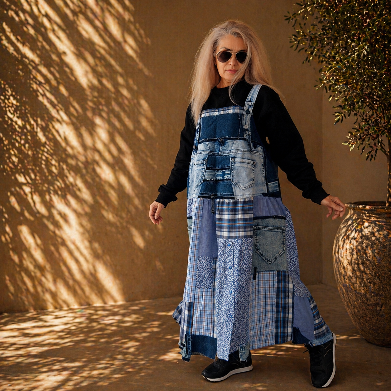 Plus Size Denim Pinafore Dress,3XL Long Denim Dungarees for Women