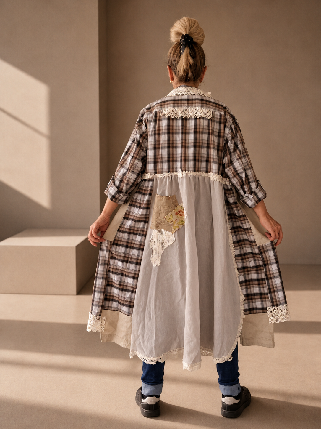 2XL Plus Size Linen Duster Dress – Beige Plaid Patchwork Boho Jacket
