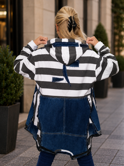 2XL Plus Size Hooded Denim Jacket – Gray Striped Patchwork Coat
