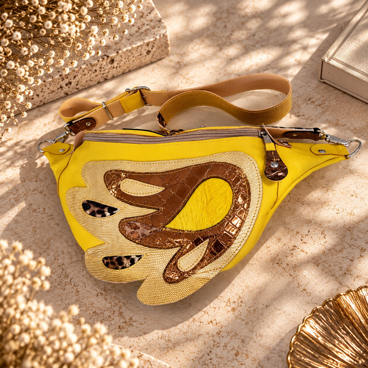 Yellow Italian Leather Angel Wing Crossbody Bag