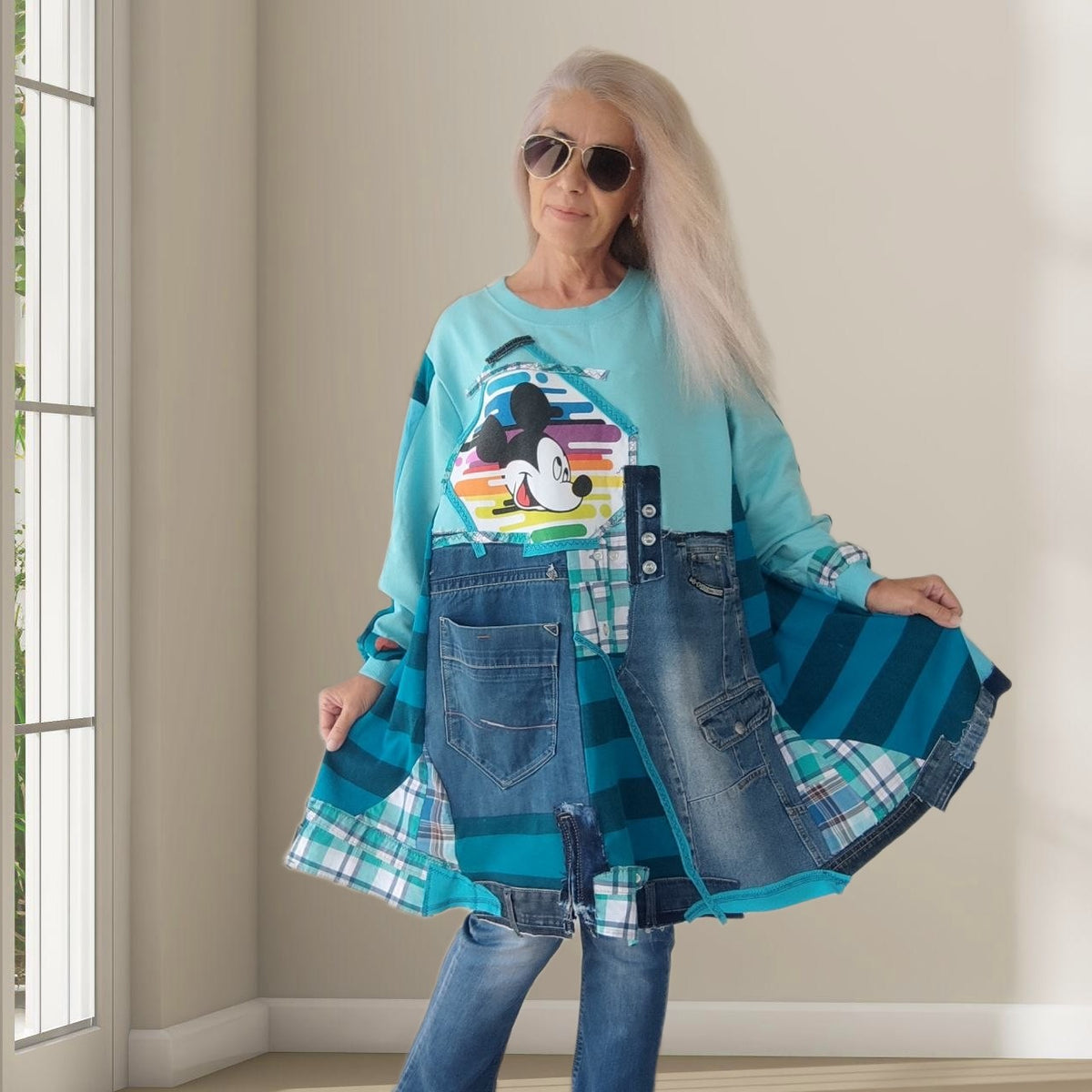 3XL Plus Size Mickey Mouse Dress – Turquoise Denim Patchwork Tunic