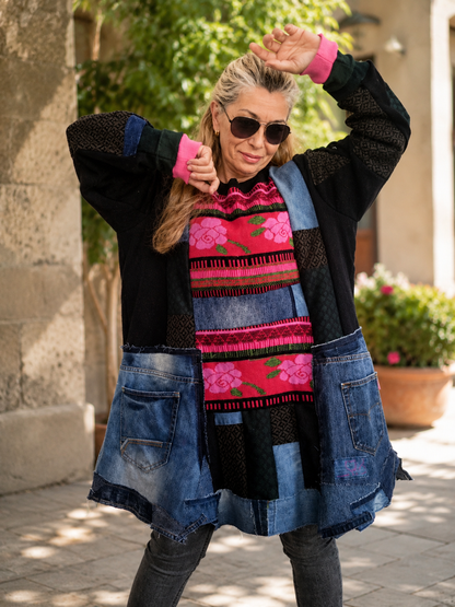 3XL Plus Size Denim Dress – Floral Boho Patchwork Tunic