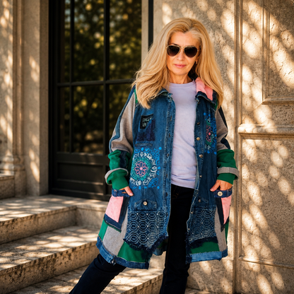 3XL Plus Size Denim Jacket – Boho Patchwork, Hand Painted Artwear