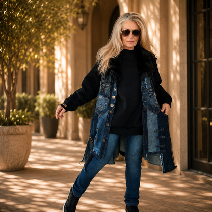 Plus Size 3XL Upcycled Denim Duster Coat – Patchwork Jean Jacket
