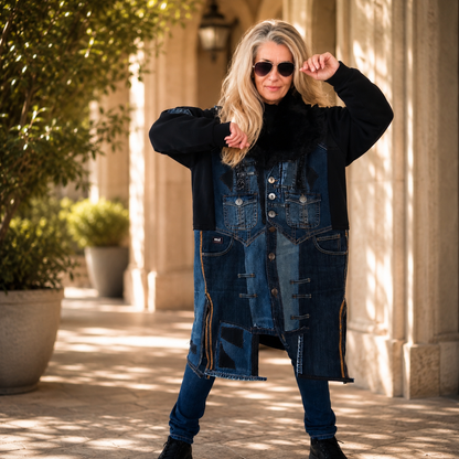 Plus Size 3XL Upcycled Denim Duster Coat – Patchwork Jean Jacket