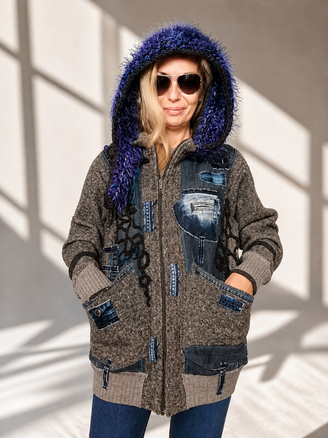 L/XL Hooded Denim Jacket – Gray Wool Blend Patchwork Boho Jacket