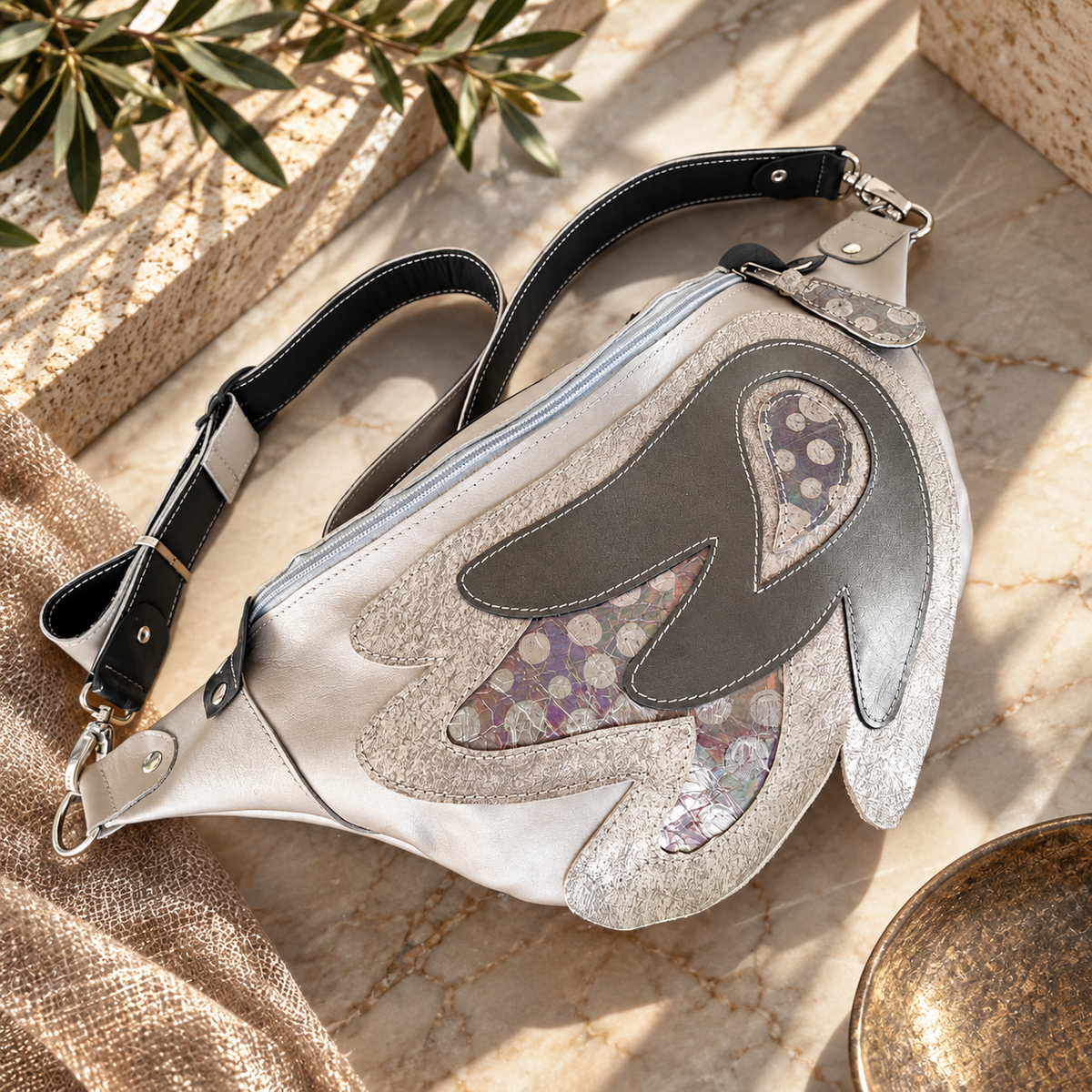 Greige Italian Leather Angel Wing Sling Bag