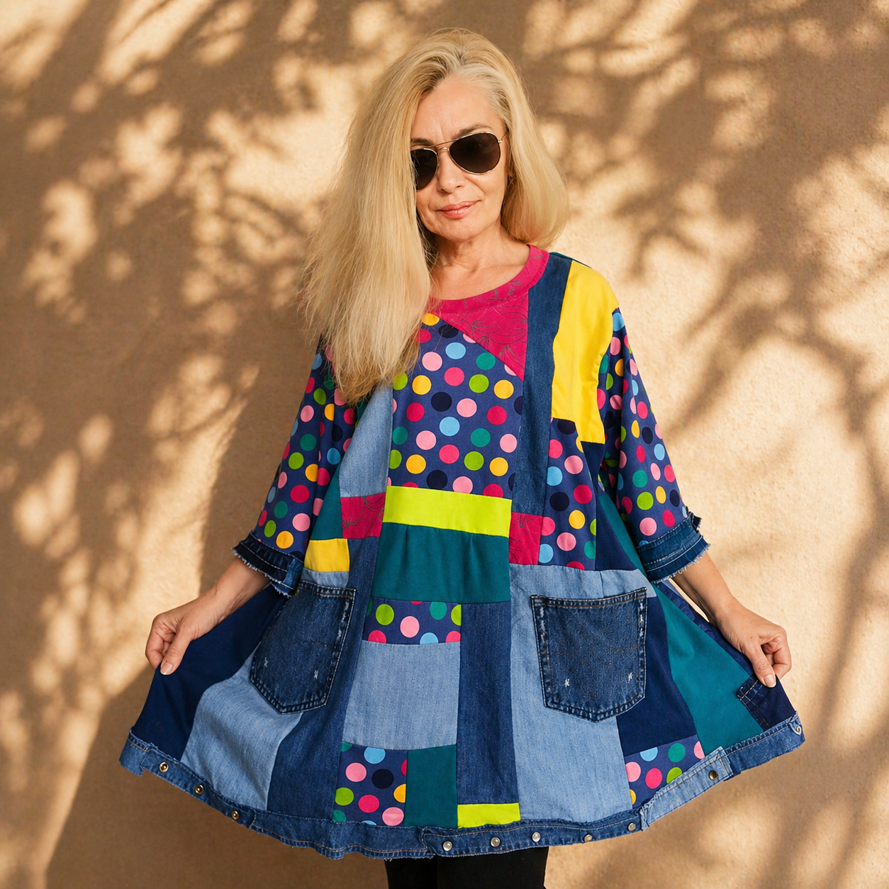 Plus Size Polka Dot Summer Dress,3X Maxi Denim Tunic Dress