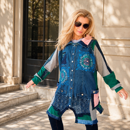 3XL Plus Size Denim Jacket – Boho Patchwork, Hand Painted Artwear
