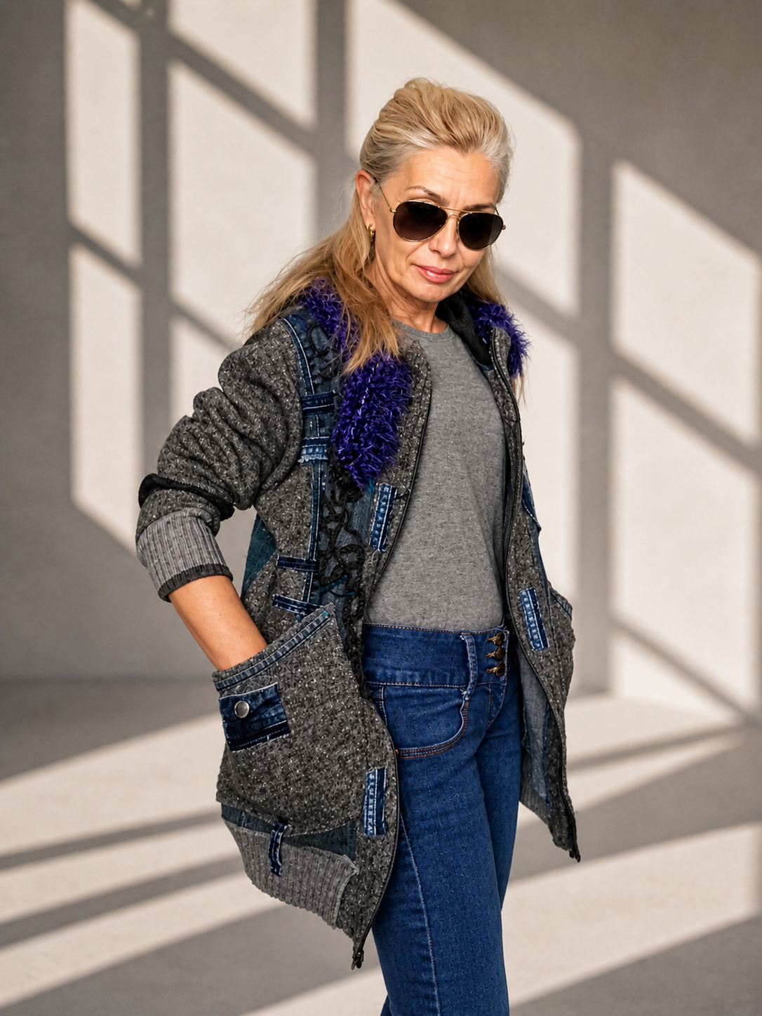 L/XL Hooded Denim Jacket – Gray Wool Blend Patchwork Boho Jacket