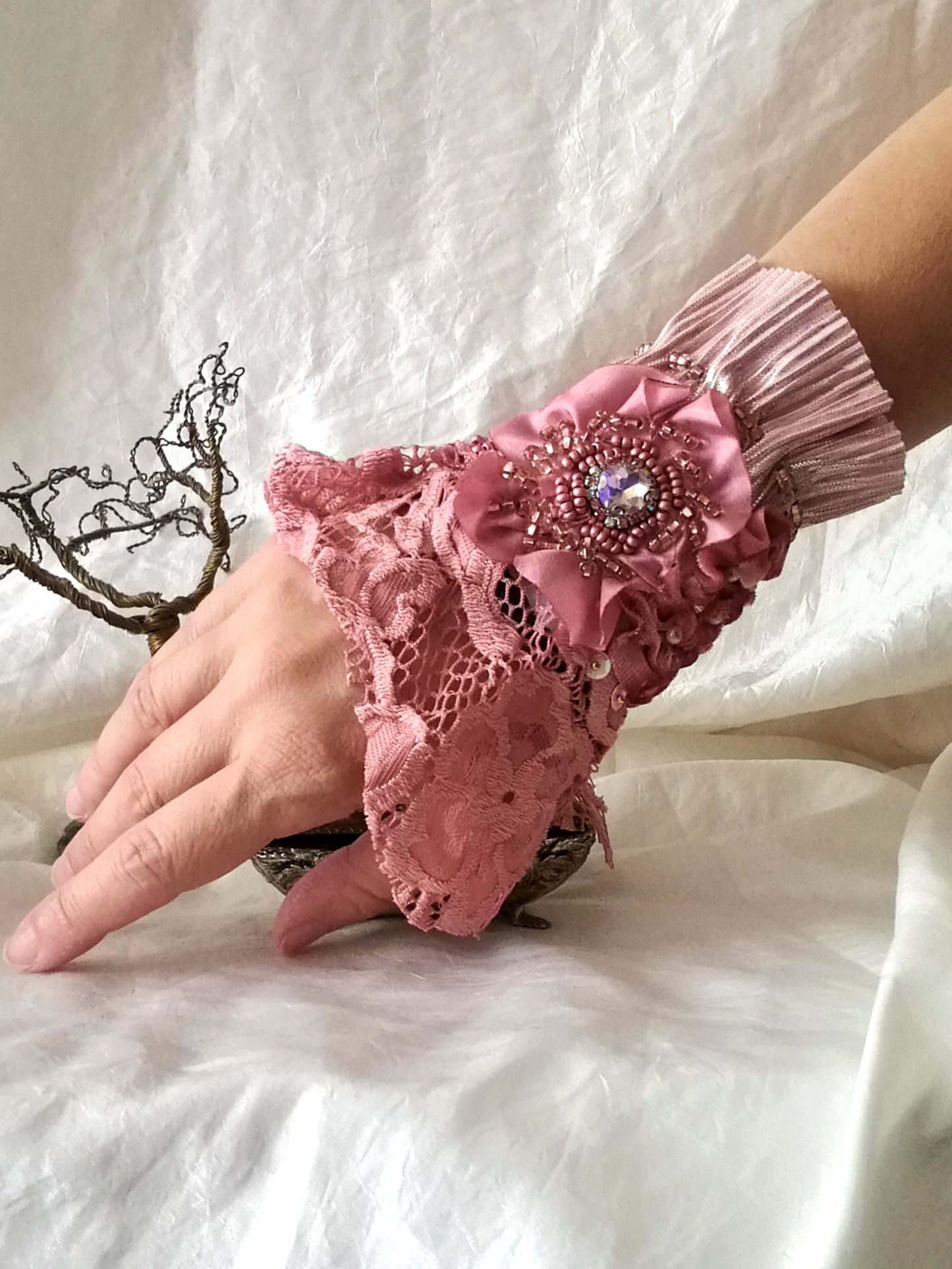 Pink Beaded Bracelet Boho Floral Cuff Bracelet