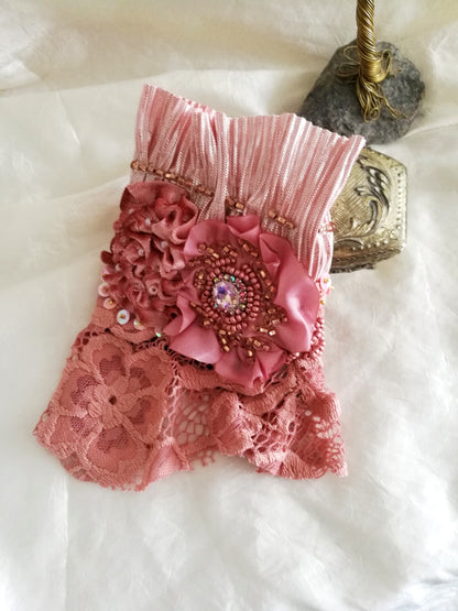 Pink Beaded Bracelet Boho Floral Cuff Bracelet