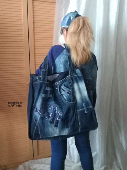 Large Denim Travel Bag Patchwork Denim Shoulder Bag For Women