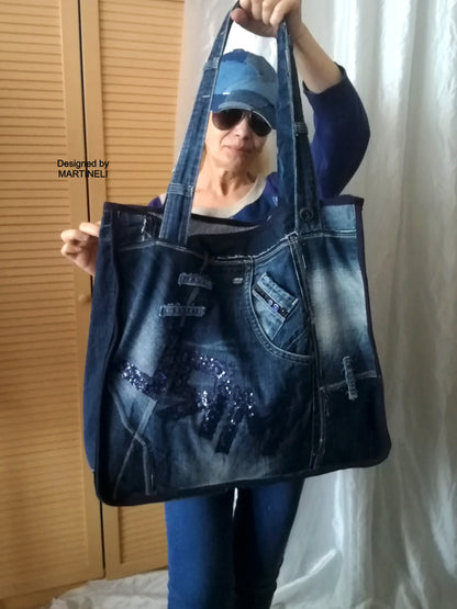 Large Denim Travel Bag Patchwork Denim Shoulder Bag For Women