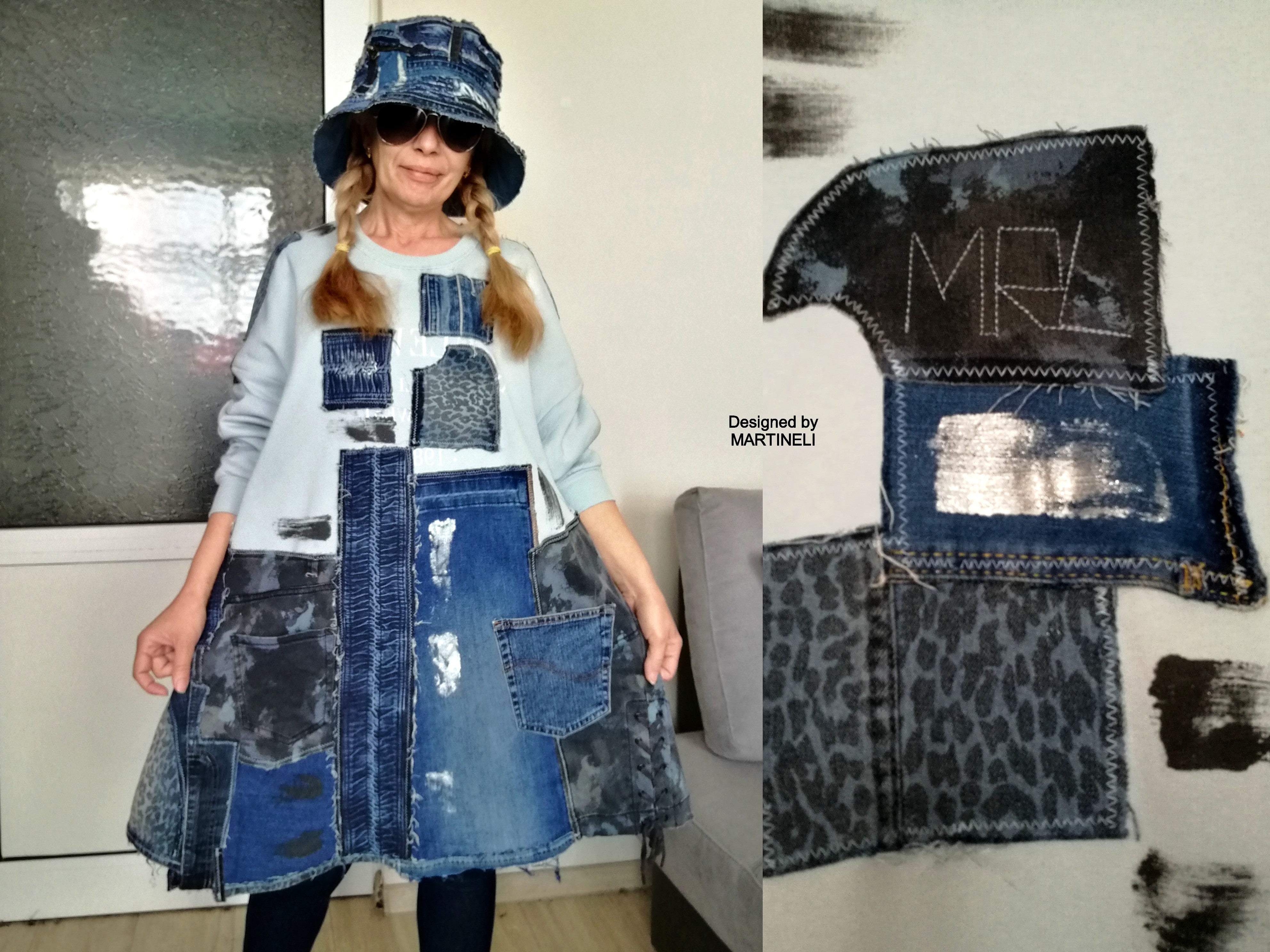 Buy Denim Dresses Sleeveless Maxi Shirt Dress Unique, Painted Redesigned  Blue Jean Strap Tank Patched W. Pockets Online in India - Etsy