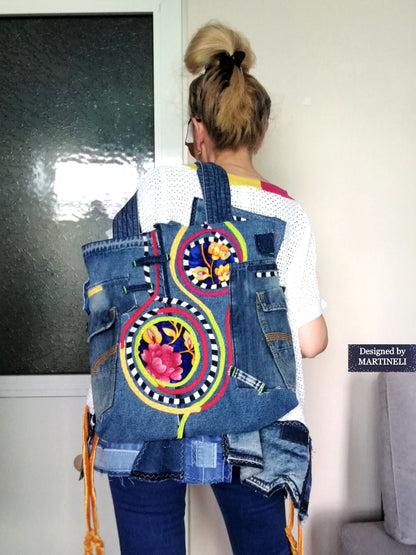 Boho Denim Tote Bag Embroidered Large Shoulder Purse Bag