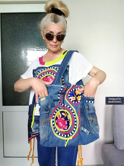 Boho Denim Tote Bag Embroidered Large Shoulder Purse Bag