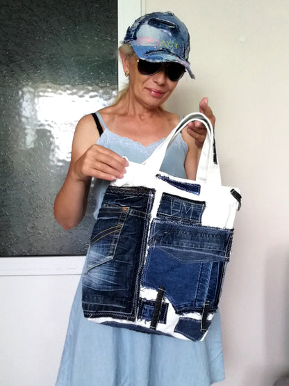 Patchwork Denim Shoulder Bag White Canvas Beach Crossbody Bag For Women