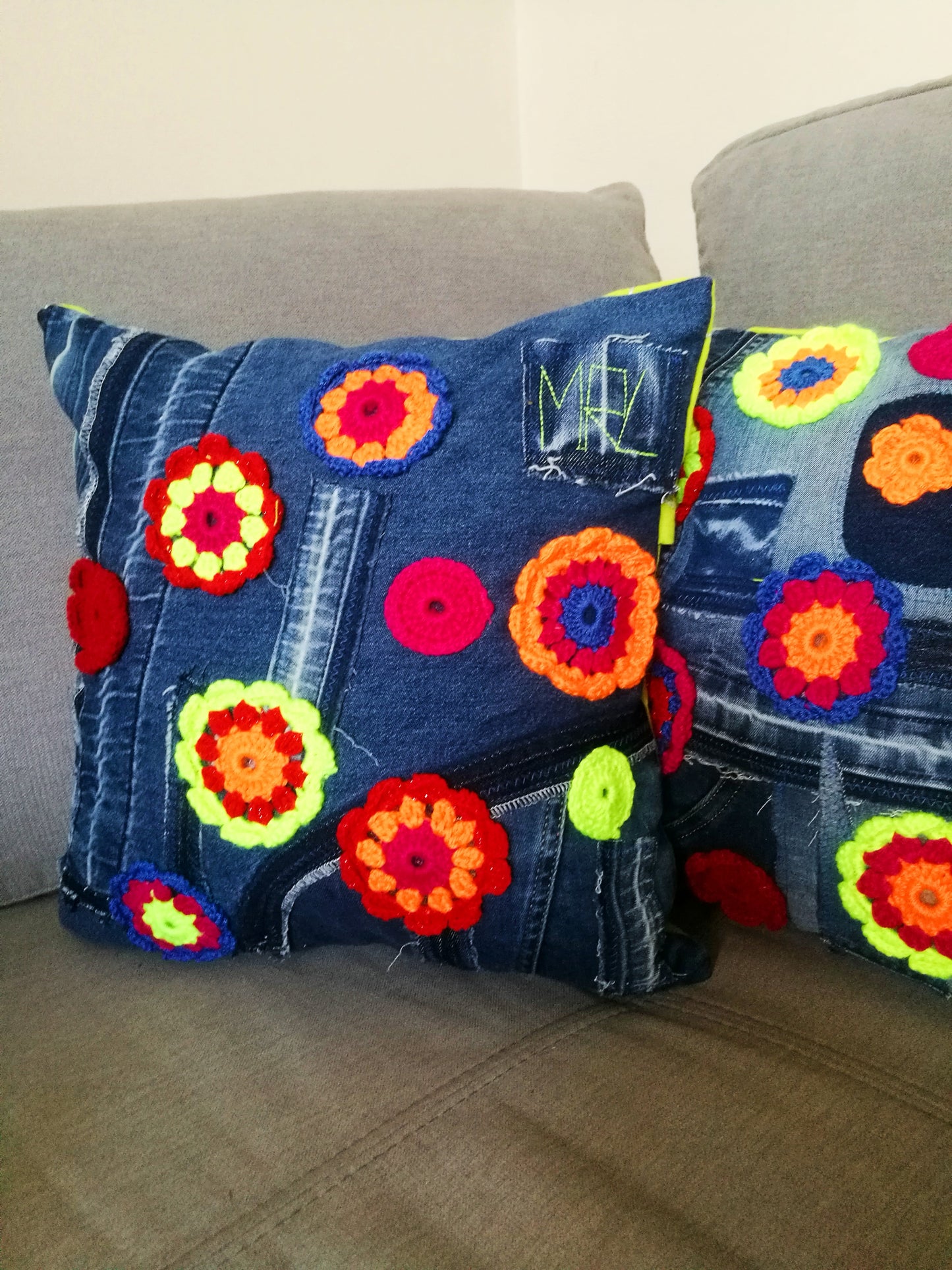 Patchwork Denim Pillow Boho Gypsy Floral Pillow Linen Pillow Case