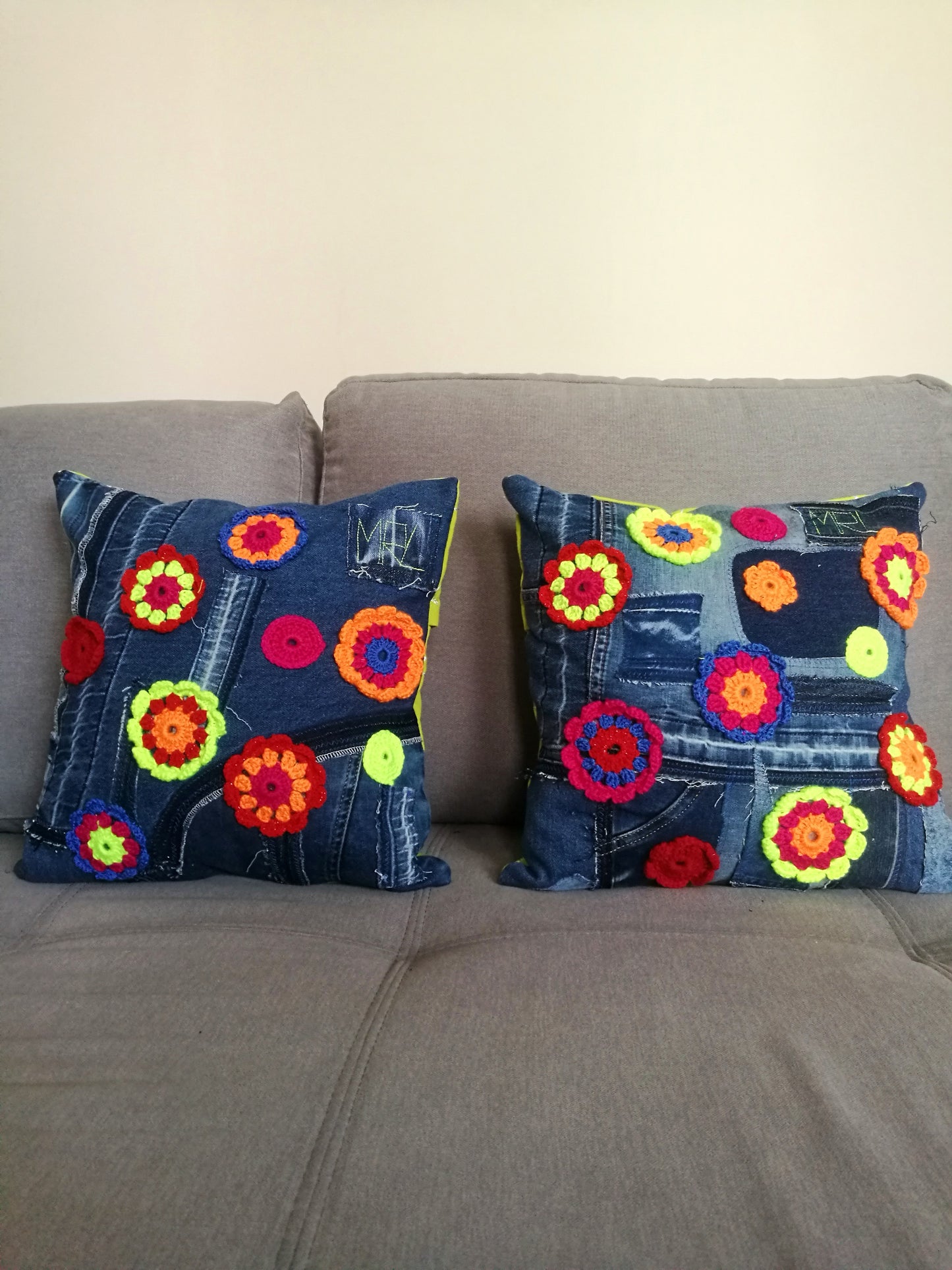 Patchwork Denim Pillow Boho Gypsy Floral Pillow Linen Pillow Case