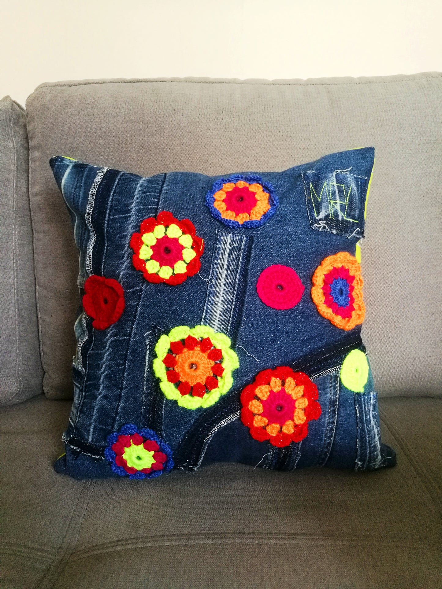 Patchwork Denim Pillow Boho Gypsy Floral Pillow Linen Pillow Case