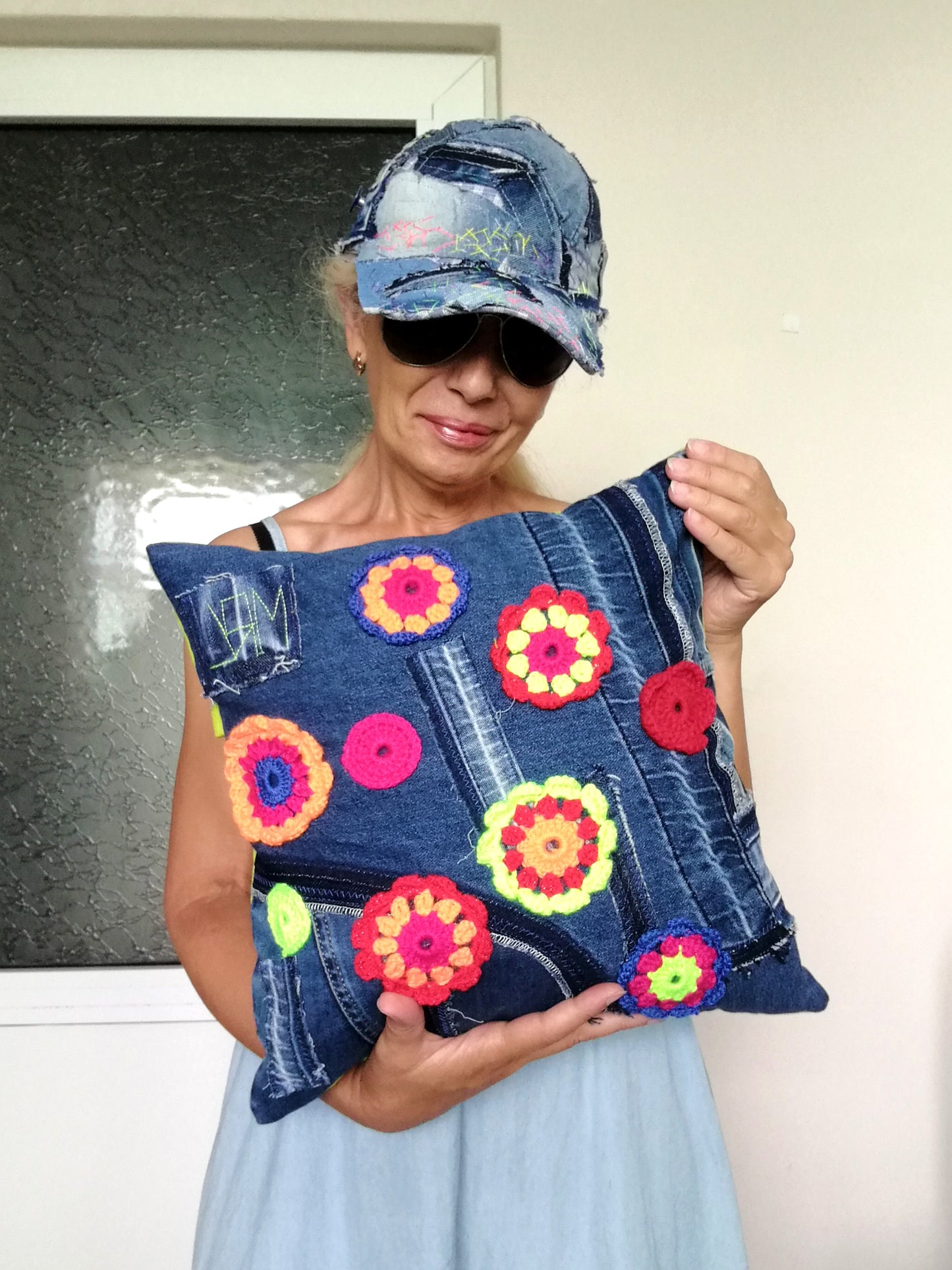 Patchwork Denim Pillow Boho Gypsy Floral Pillow Linen Pillow Case