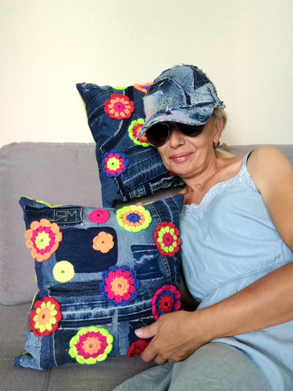 Floral Couch Pillow Patchwork Denim Pillow Linen Pillow Case