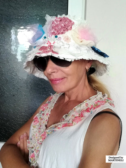 Romantic Boho Bucket Hat Embroidered White Linen Hat For Women