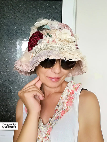 Artsy Boho Embroidered Bucket Hat Romantic Beige Linen Hat For Women