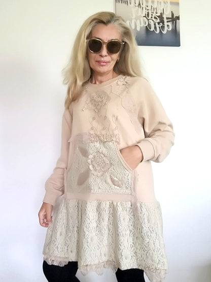Beige Sweatshirt Dress XL Boho Style Embroidered Dress