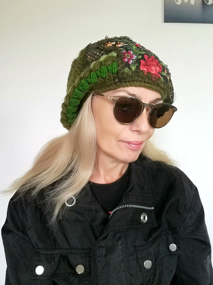 Green Wool Beanie Hat for Women Floral Embroidered Warm Slouchy Beanie