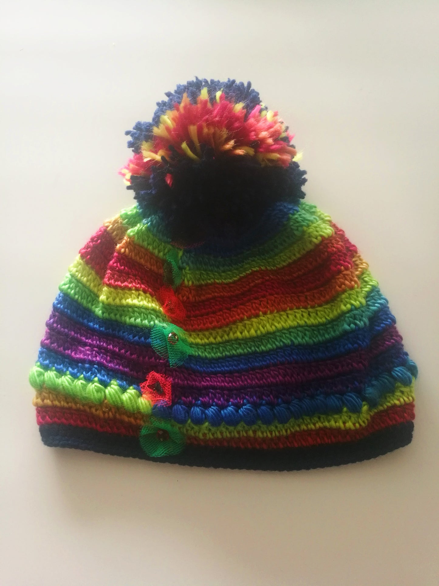 Pom Pom Knit Wool Beanie for Women Handmade Colourful Warm Hat