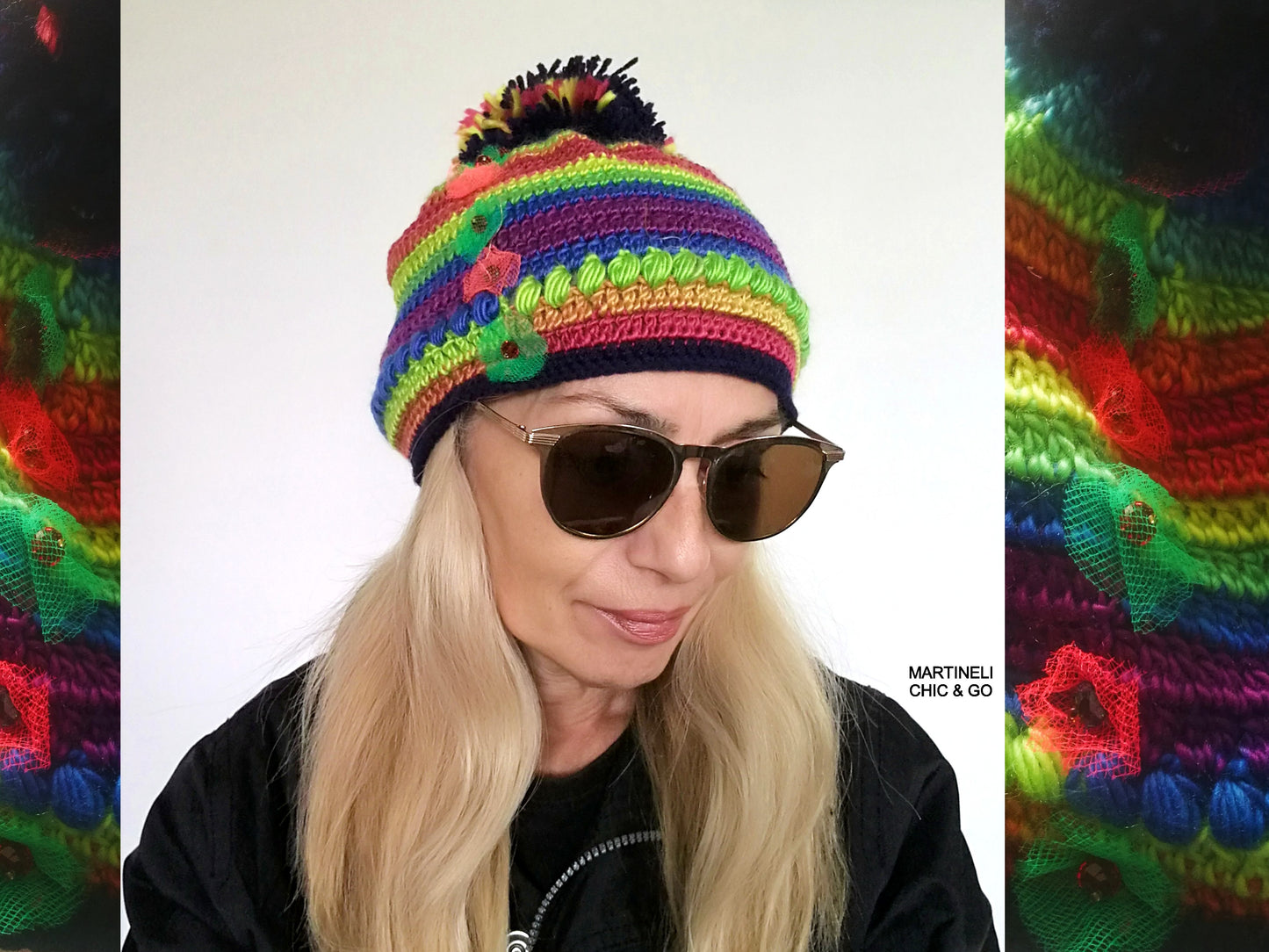 Pom Pom Knit Wool Beanie for Women Handmade Colourful Warm Hat
