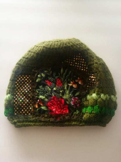 Green Wool Beanie Hat for Women Floral Embroidered Warm Slouchy Beanie
