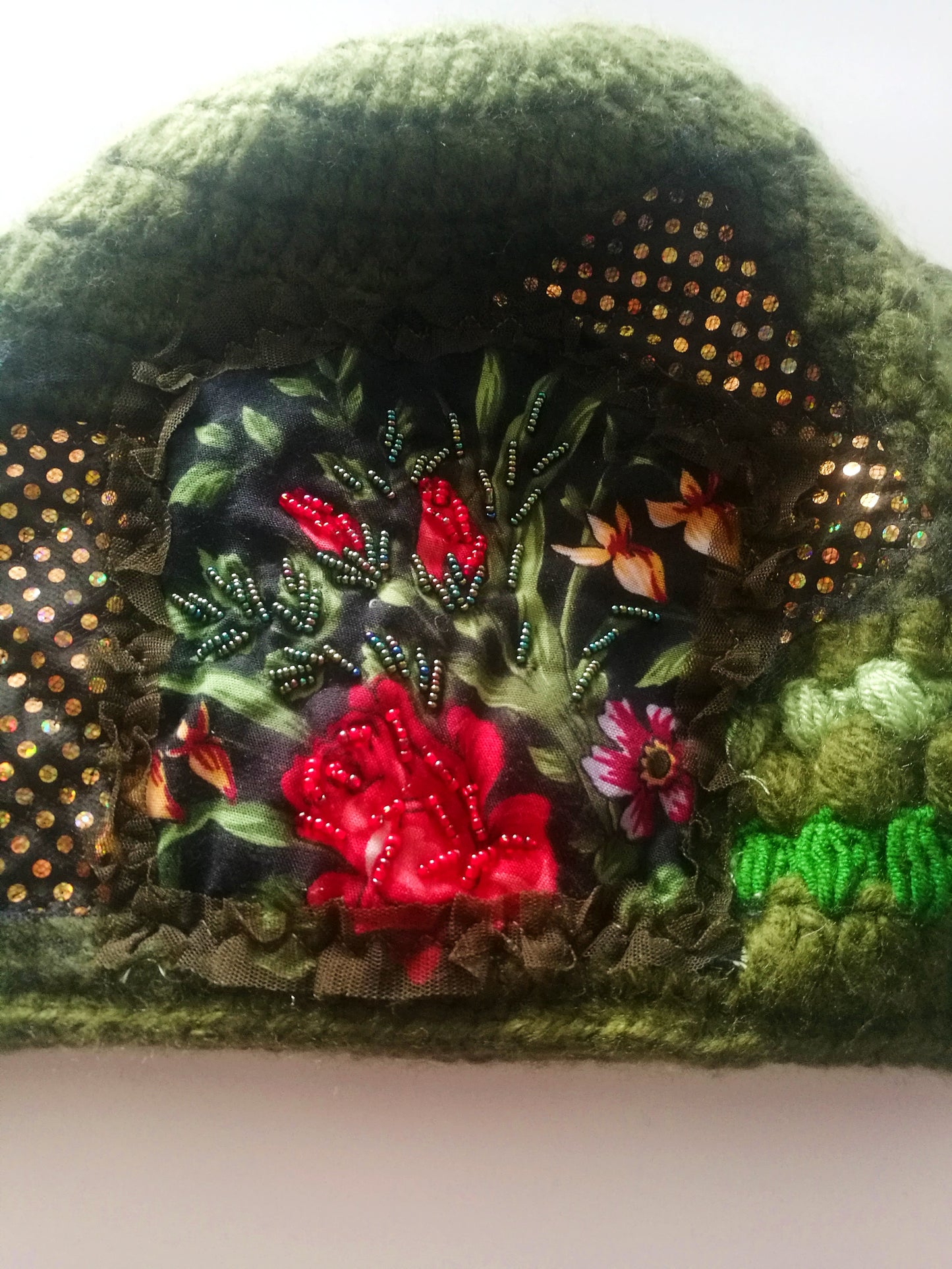 Green Wool Beanie Hat for Women Floral Embroidered Warm Slouchy Beanie