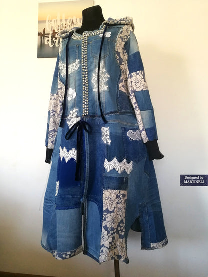 Plus Size Hooded Denim Jacket 3XL Boho Style Long Floral Coat