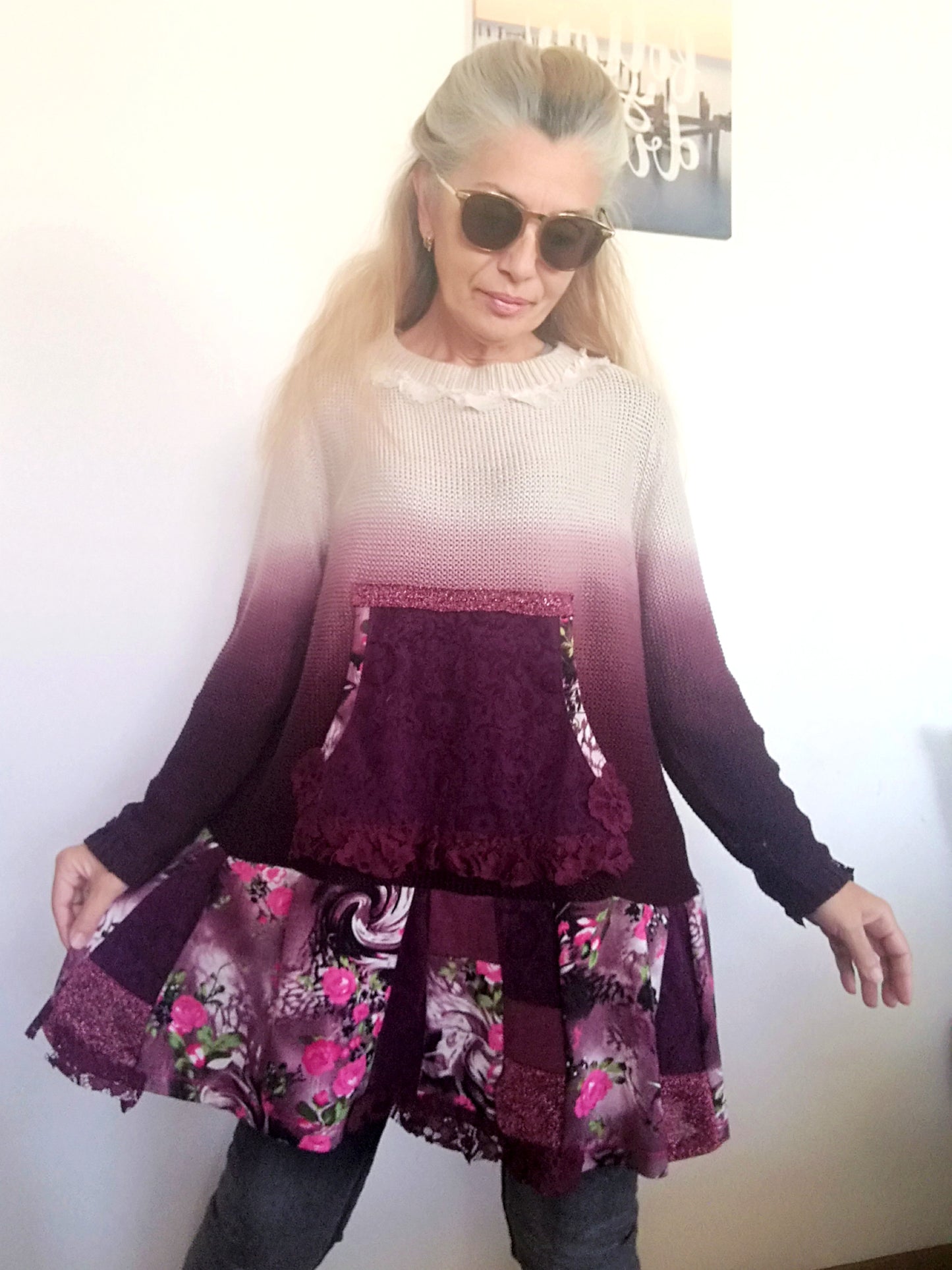 Floral Sweater Dress XL Boho Knit Tunic Dress