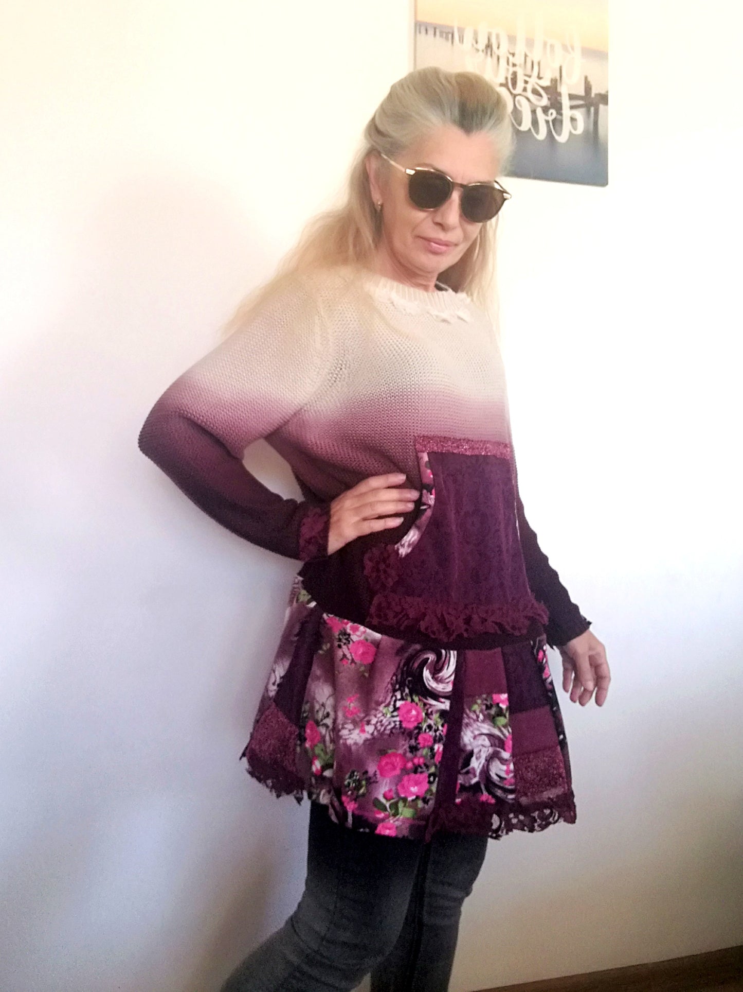Floral Sweater Dress XL Boho Knit Tunic Dress