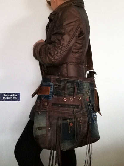 Large Leather Shoulder Bag Brown Leathe and Denim Tote Bag