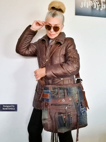 Large Leather Shoulder Bag Brown Leathe and Denim Tote Bag